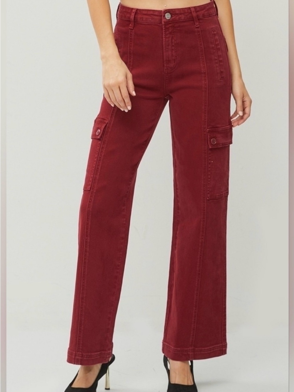 RISEN Wide Leg Cargo Jeans in Wine Red, Mid Rise, Sz 11/30
